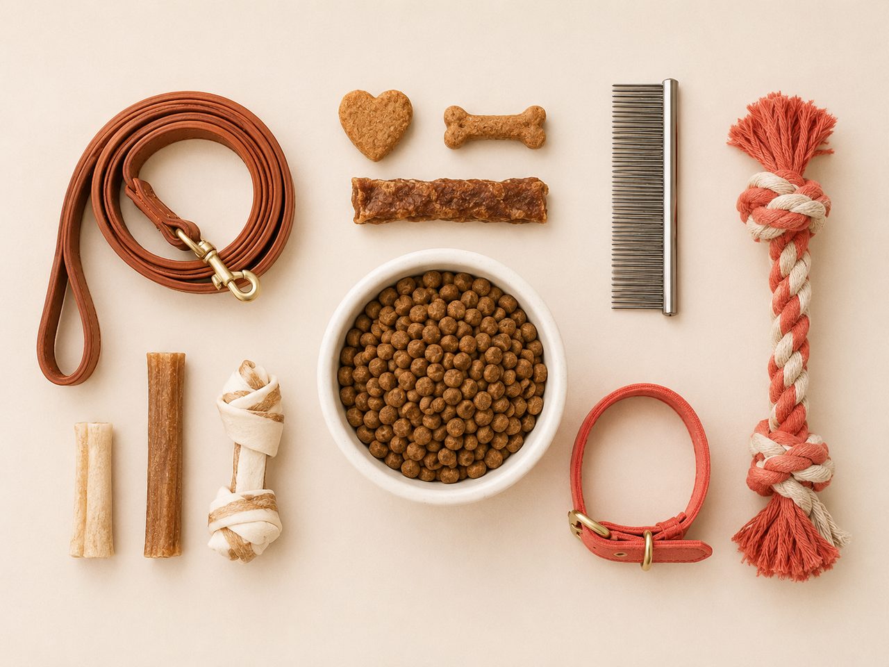 A bowl of kibble surrounded by a leash, treats, a comb, a collar, and a rope toy, arranged like catalogued specimens