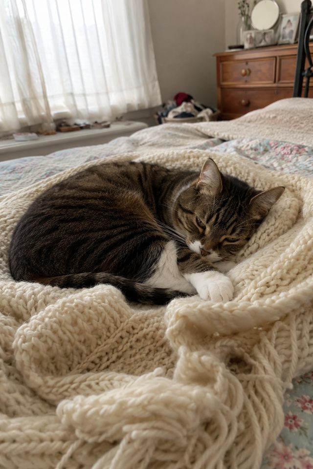A tabby cat napping curled up on a knitted blanket