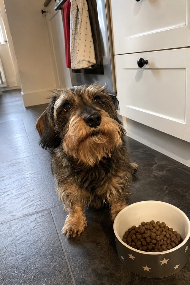 A wirehaired dachshund waiting by its food bowl in the kitchen
