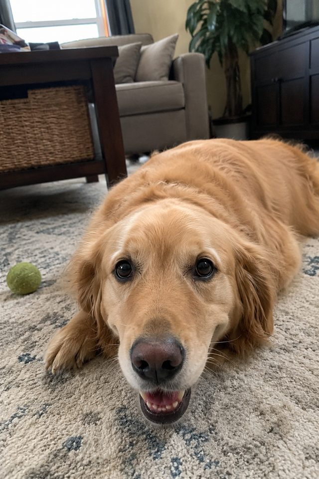 A golden retriever lying on a living-room rug, looking up happily